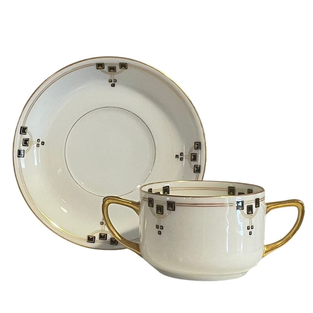 Vintage Victoria Austria Boullion Cup / Bowl & Saucer, Gold, Black, Set of 10